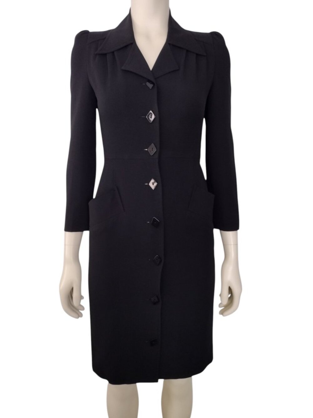 Vintage 1940s Style Black Puff Shoulder Fitted Button Down Coat Dress Size XXS